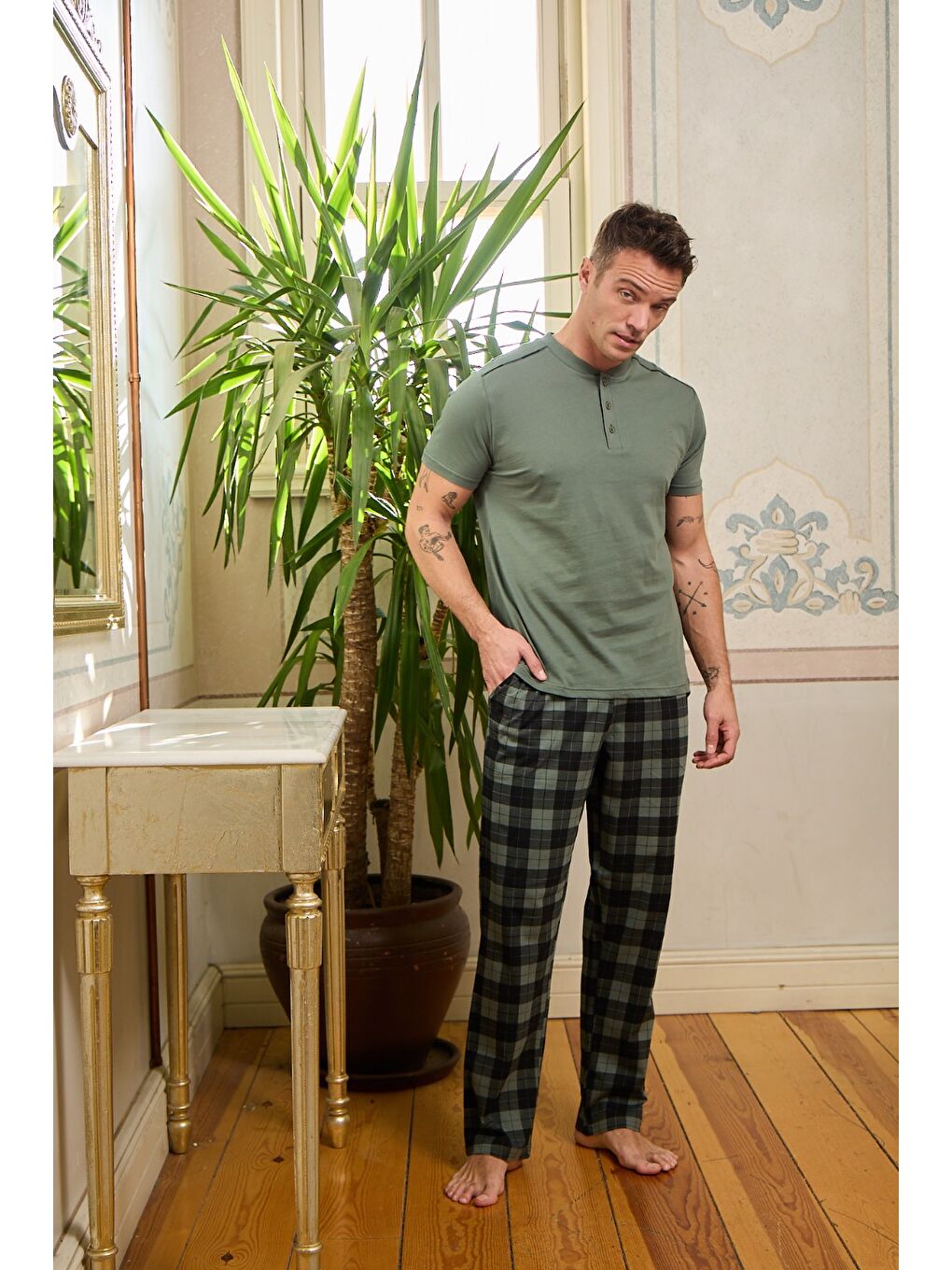 Erkek Yeşil %100 Pamuk Kısa Kollu Ekose Pijama Takımı