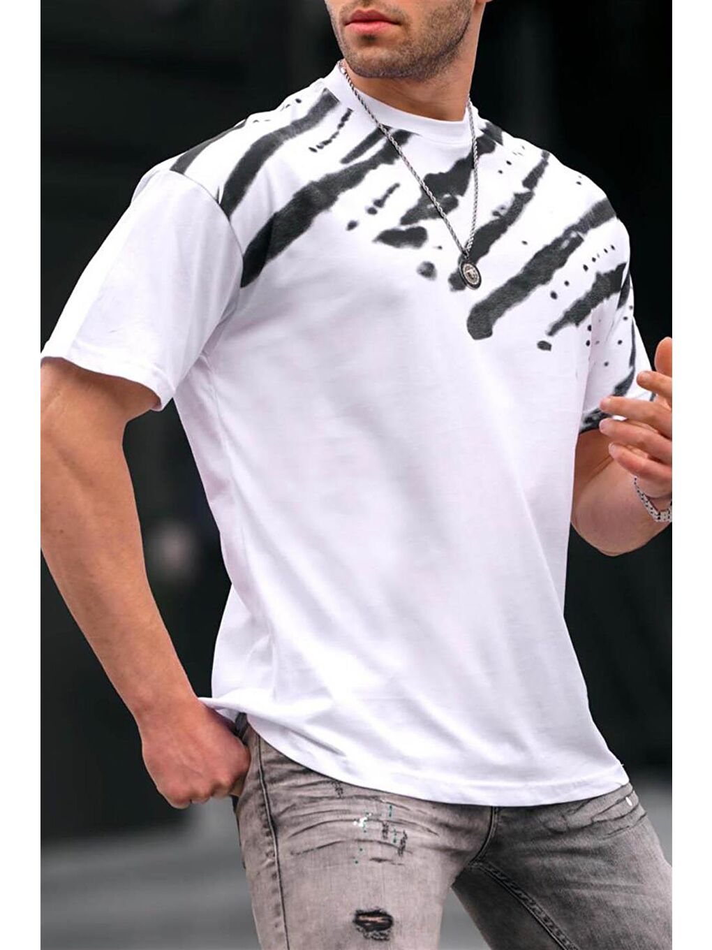 Beyaz Desenli Over Fit Erkek %100 Pamuk Tişört 6116-2