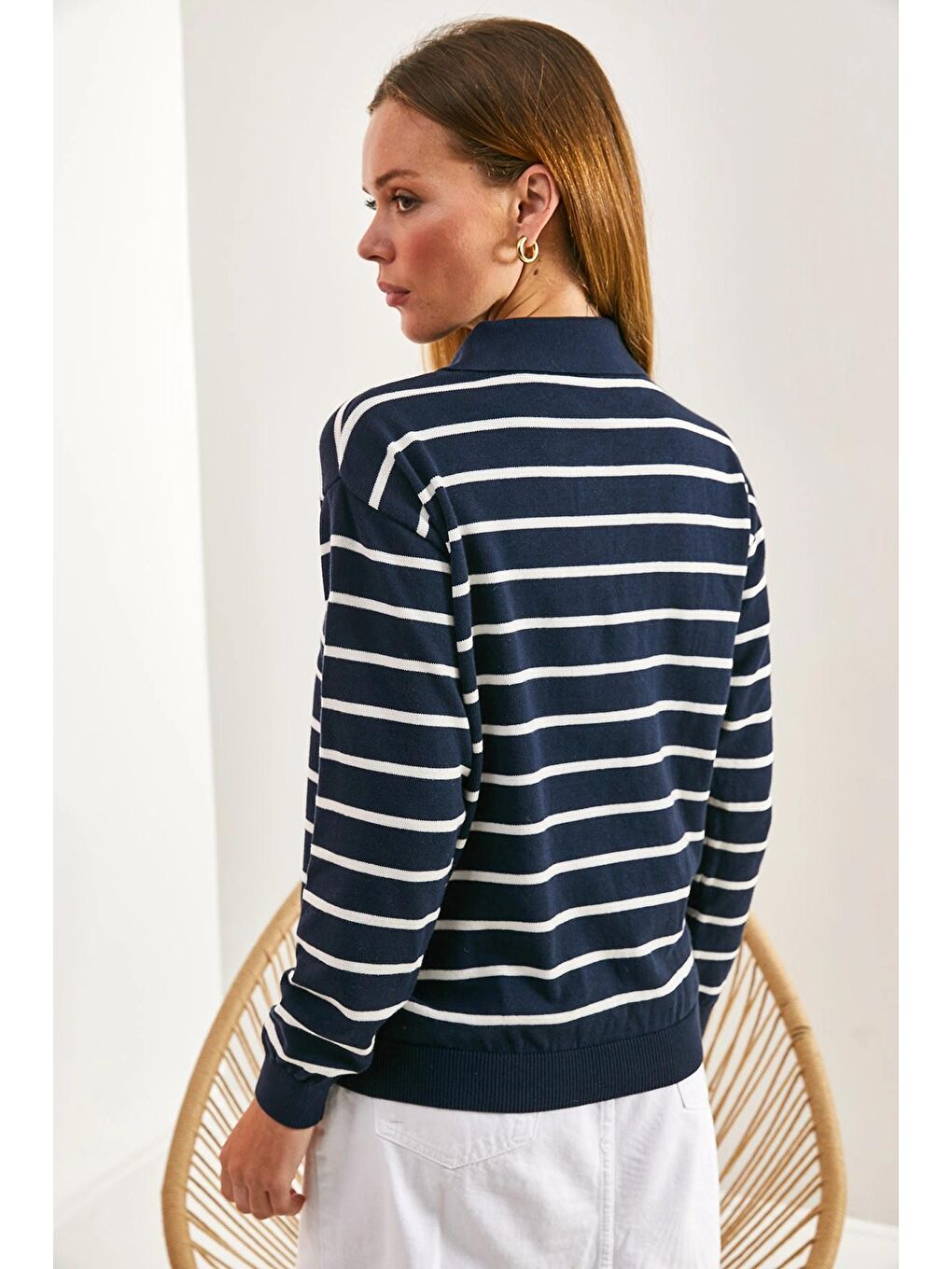 Lacivert Kadın Polo Yaka Düğmeli Kazak-2