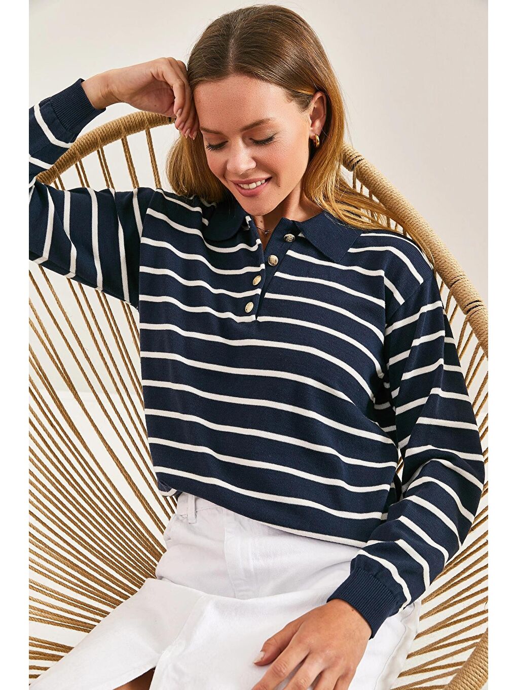 Lacivert Kadın Polo Yaka Düğmeli Kazak-3