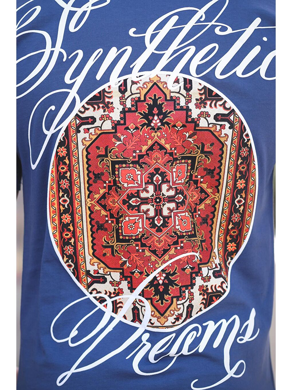 Mavi Etnik Desen Logolu Sırt ve Ön Baskılı Pamuklu Comfort Erkek Tshirt-3