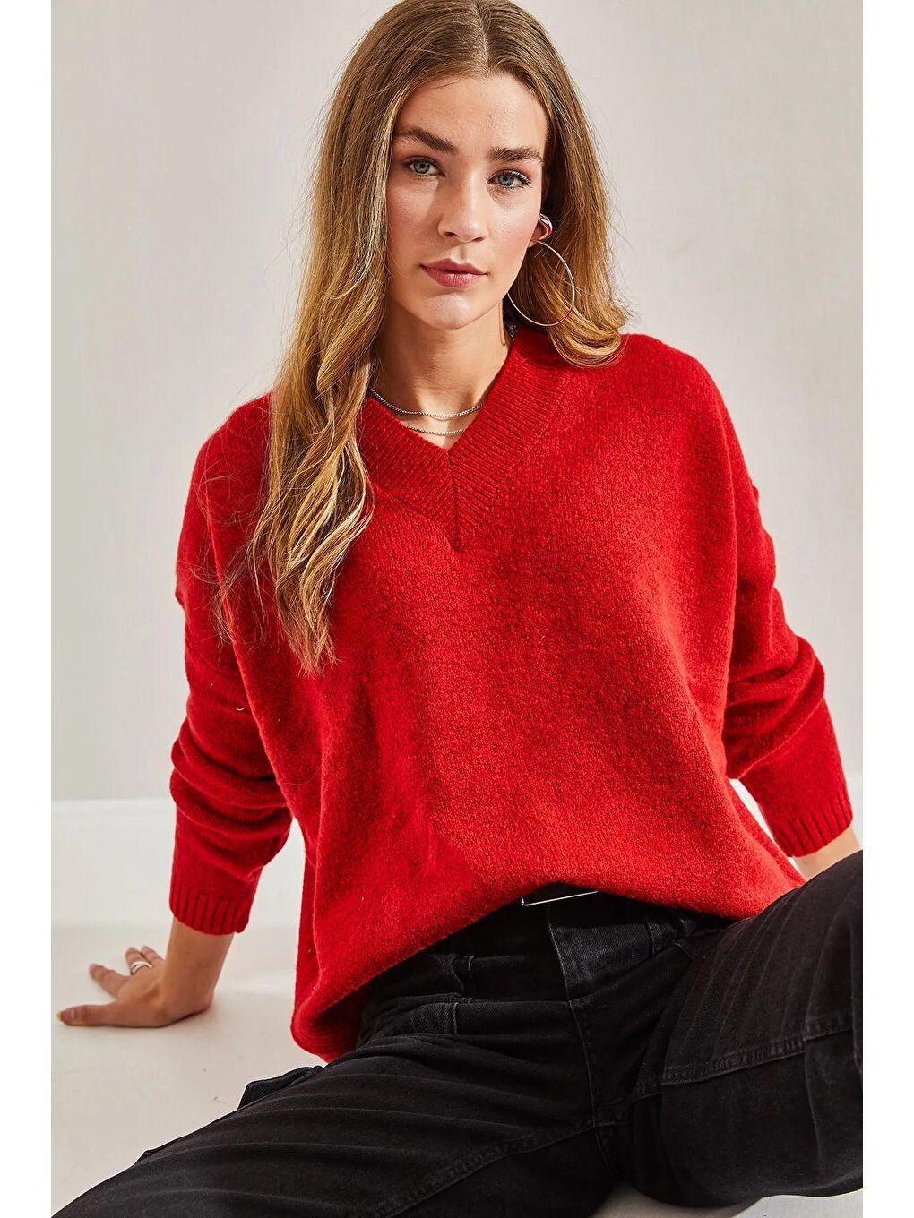 Kırmızı Kadın V Yaka Triko Kazak-2