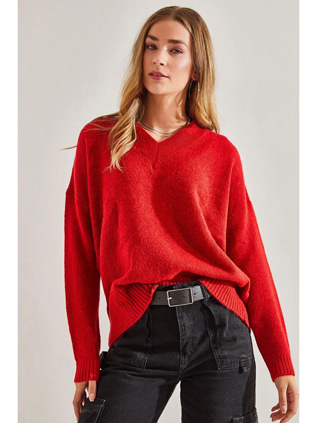 Kırmızı Kadın V Yaka Triko Kazak-3