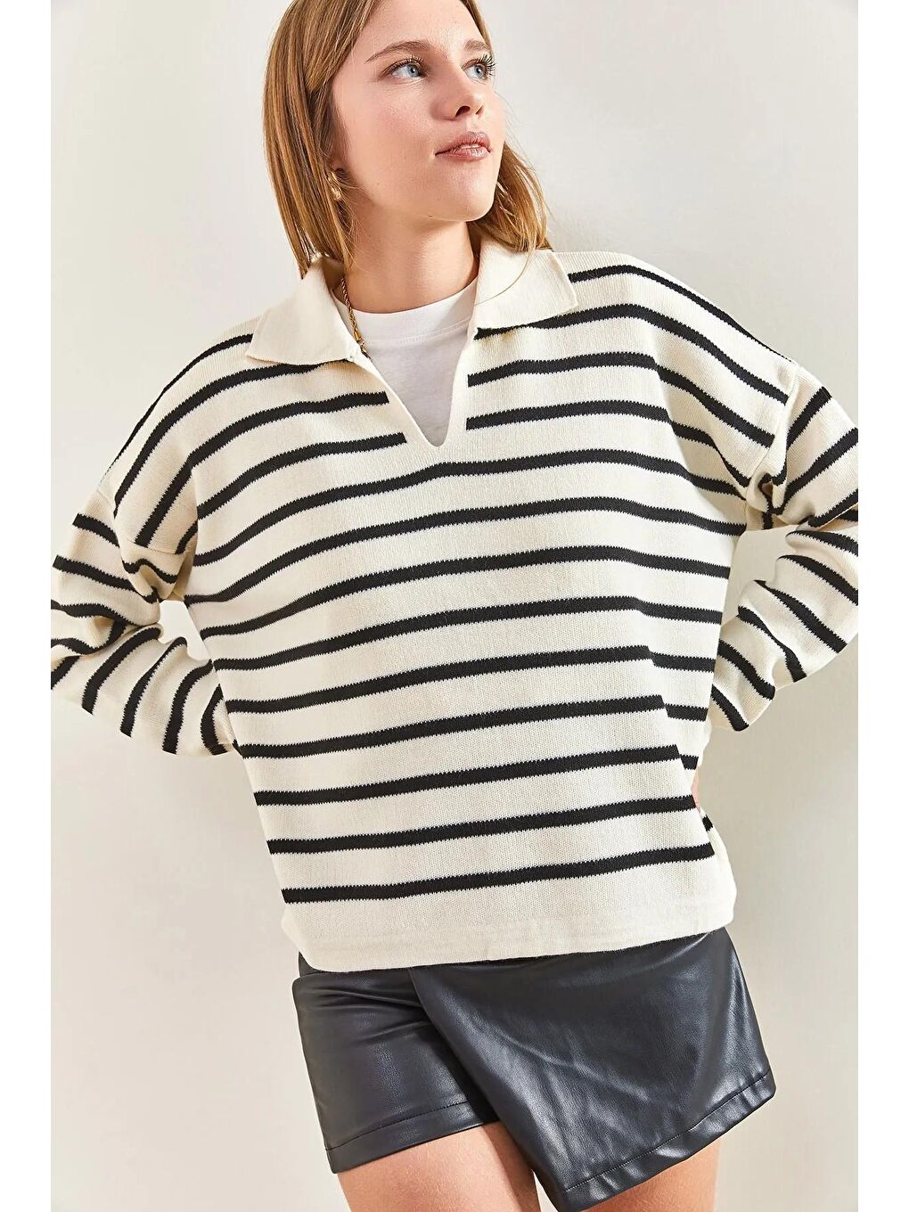 Bej Kadın Polo Yaka Çizgili Oversize Triko Kazak-3