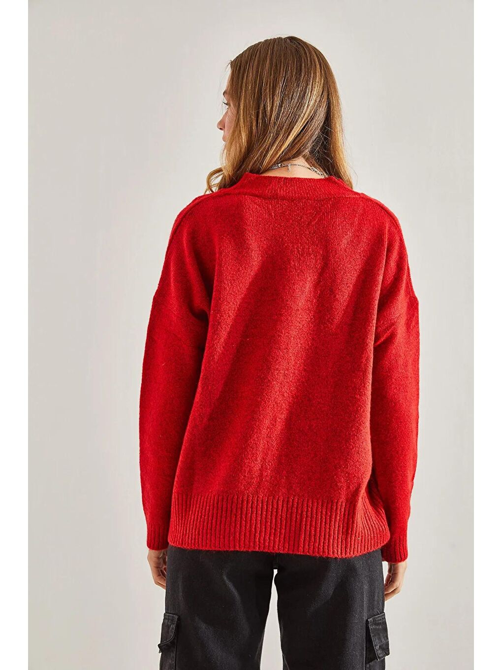 Kırmızı Kadın V Yaka Triko Kazak-4