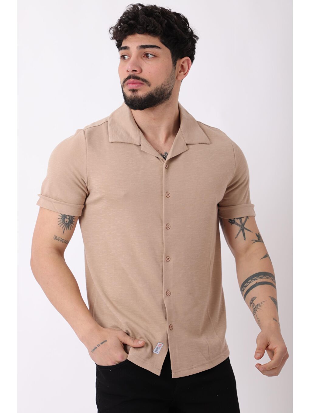 Bej Kırçıllı Desen Kısa Kol Gömlek JS C-156_40361