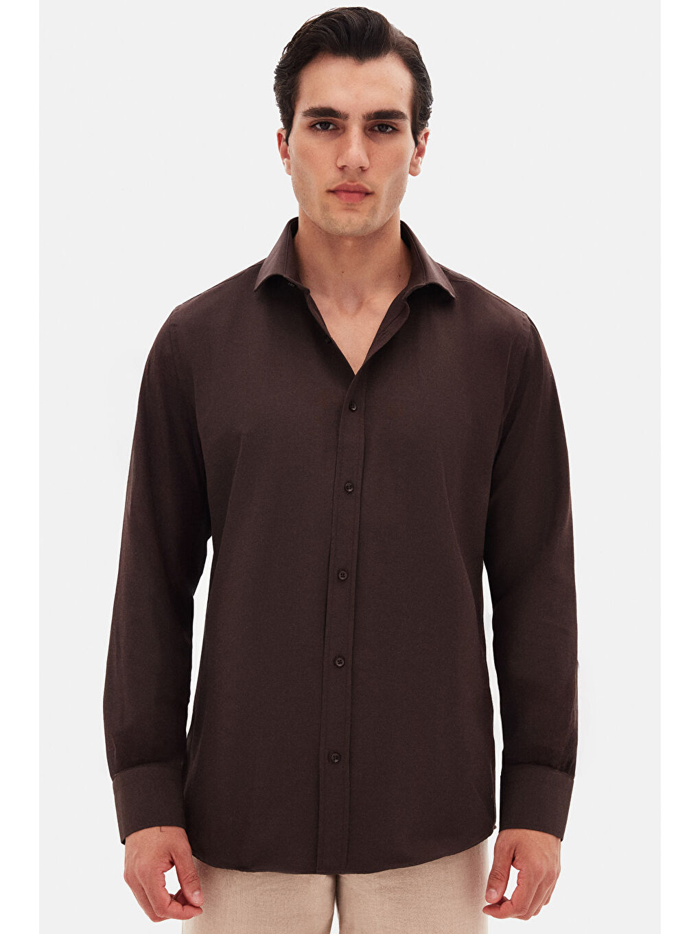 Kahverengi Slim Fit Acı Kahve Klasik Kravatlık Uzun Kol Kolay Ütülenebilir Gömlek