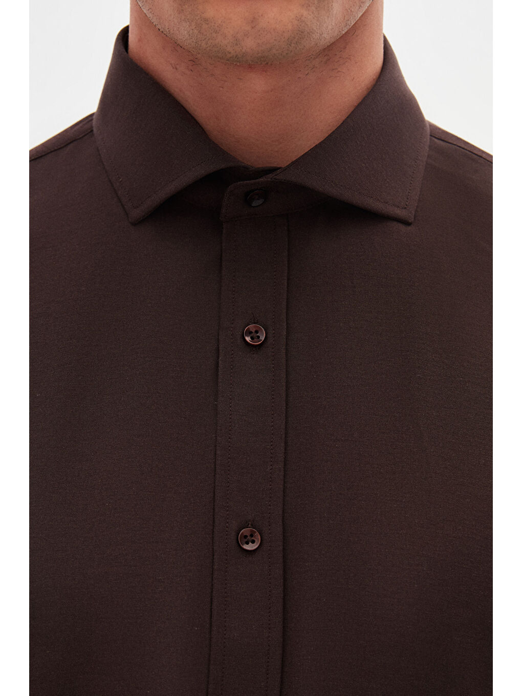 Kahverengi Slim Fit Acı Kahve Klasik Kravatlık Uzun Kol Kolay Ütülenebilir Gömlek-2