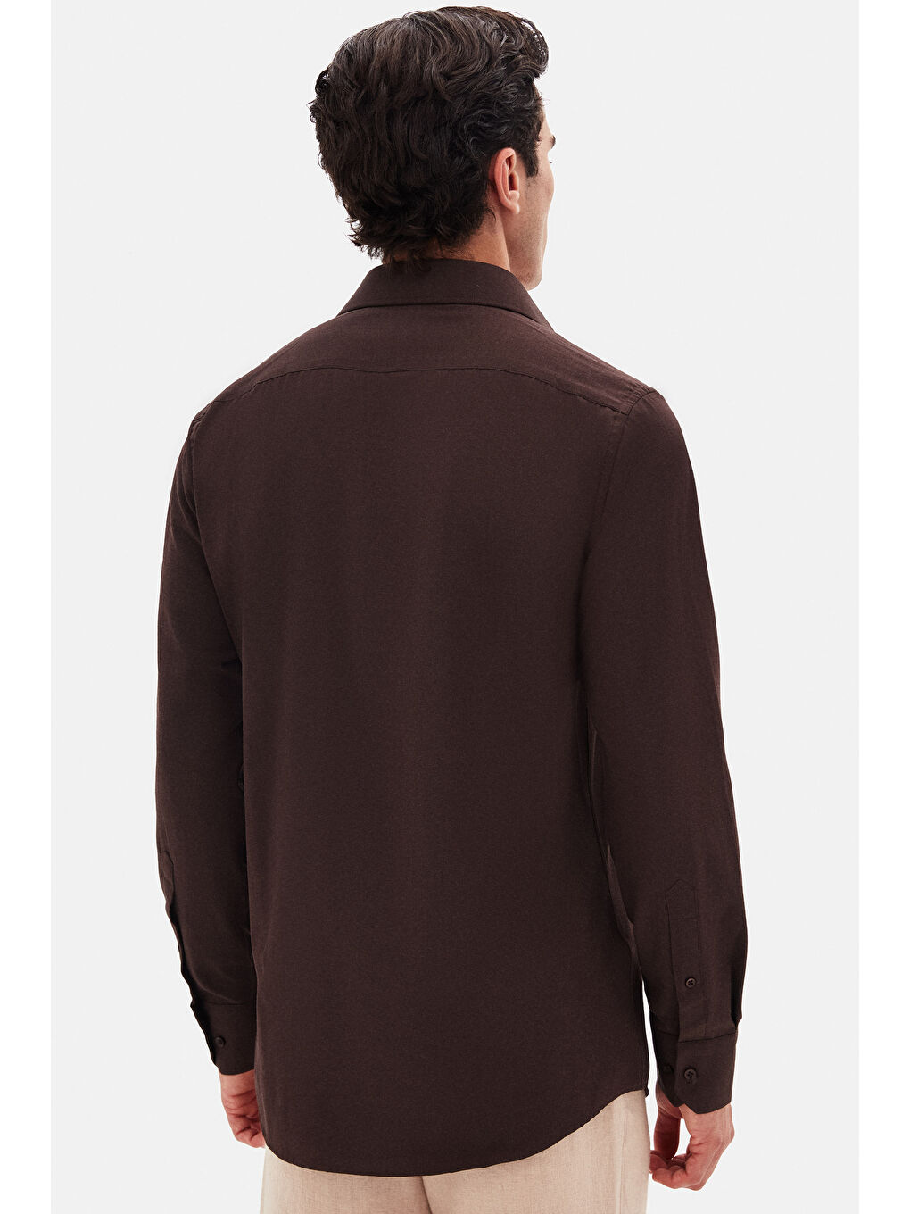 Kahverengi Slim Fit Acı Kahve Klasik Kravatlık Uzun Kol Kolay Ütülenebilir Gömlek-3