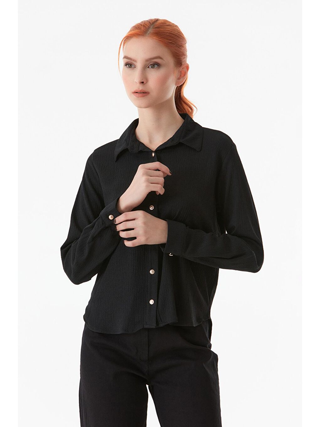 Siyah Basic Bürümcük Kumaş Uzun Kollu Gömlek-2