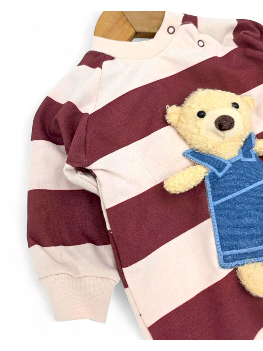 Bordo Erkek Bebek Ayıcık Aksesuarlı Çizgili Alttan Çıtçıtlı Tulum-1