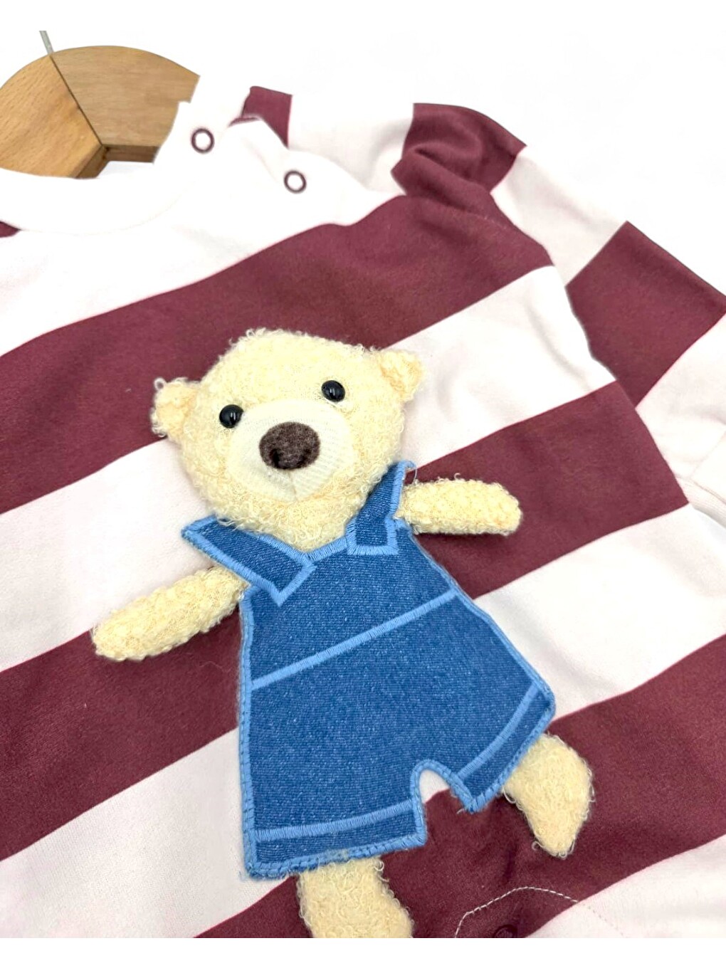 Bordo Erkek Bebek Ayıcık Aksesuarlı Çizgili Alttan Çıtçıtlı Tulum-3