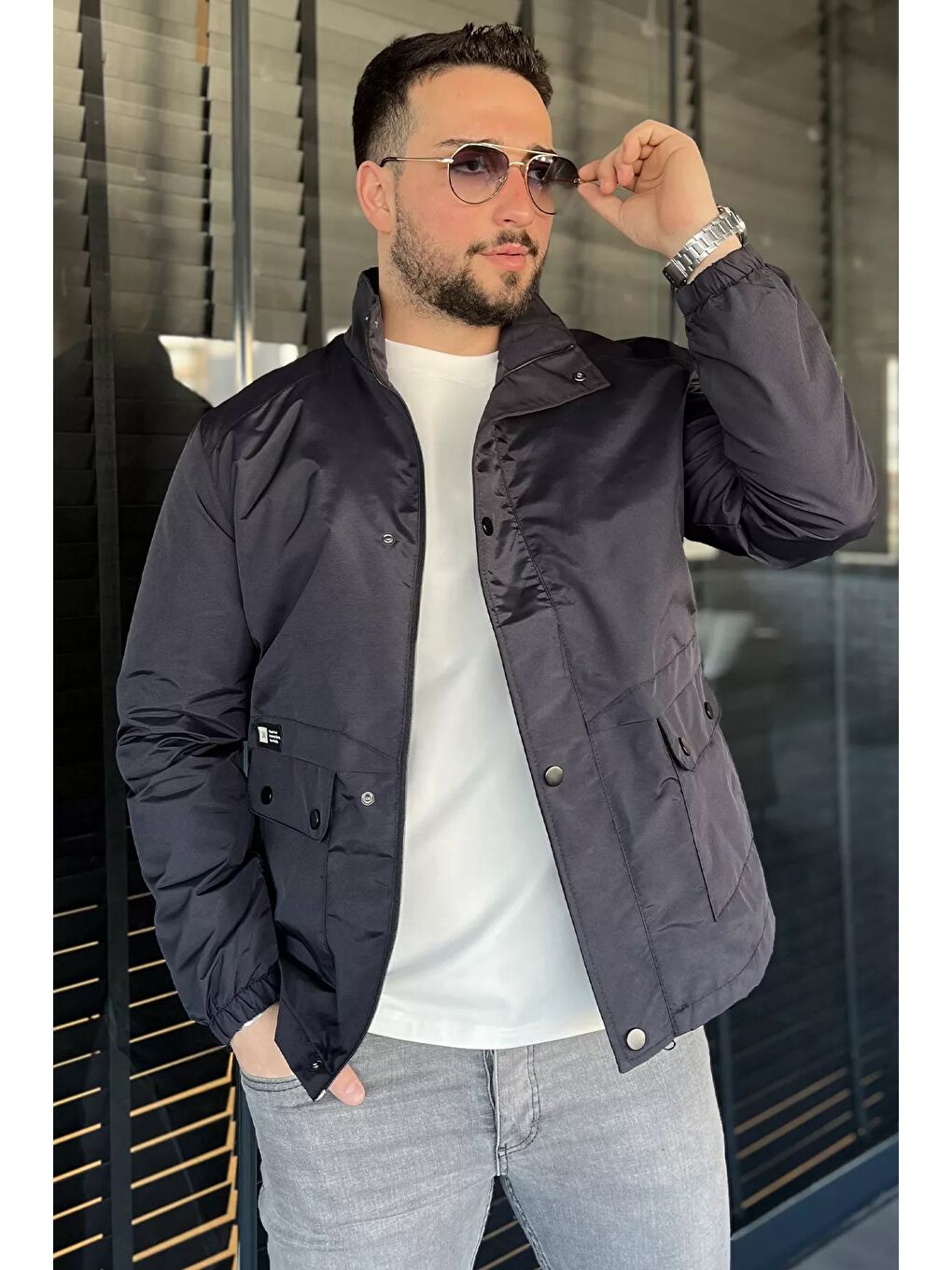 Lacivert Erkek Fermuarlı Ve Çıtçıtlı Çift Cepli Mevsimlik Mont