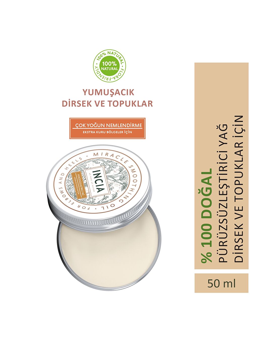 %100 Doğal Pürüzsüzleştirici Yağ Yoğun Nemlendirici Kremi Organik Dirsek Topuk 50 ml