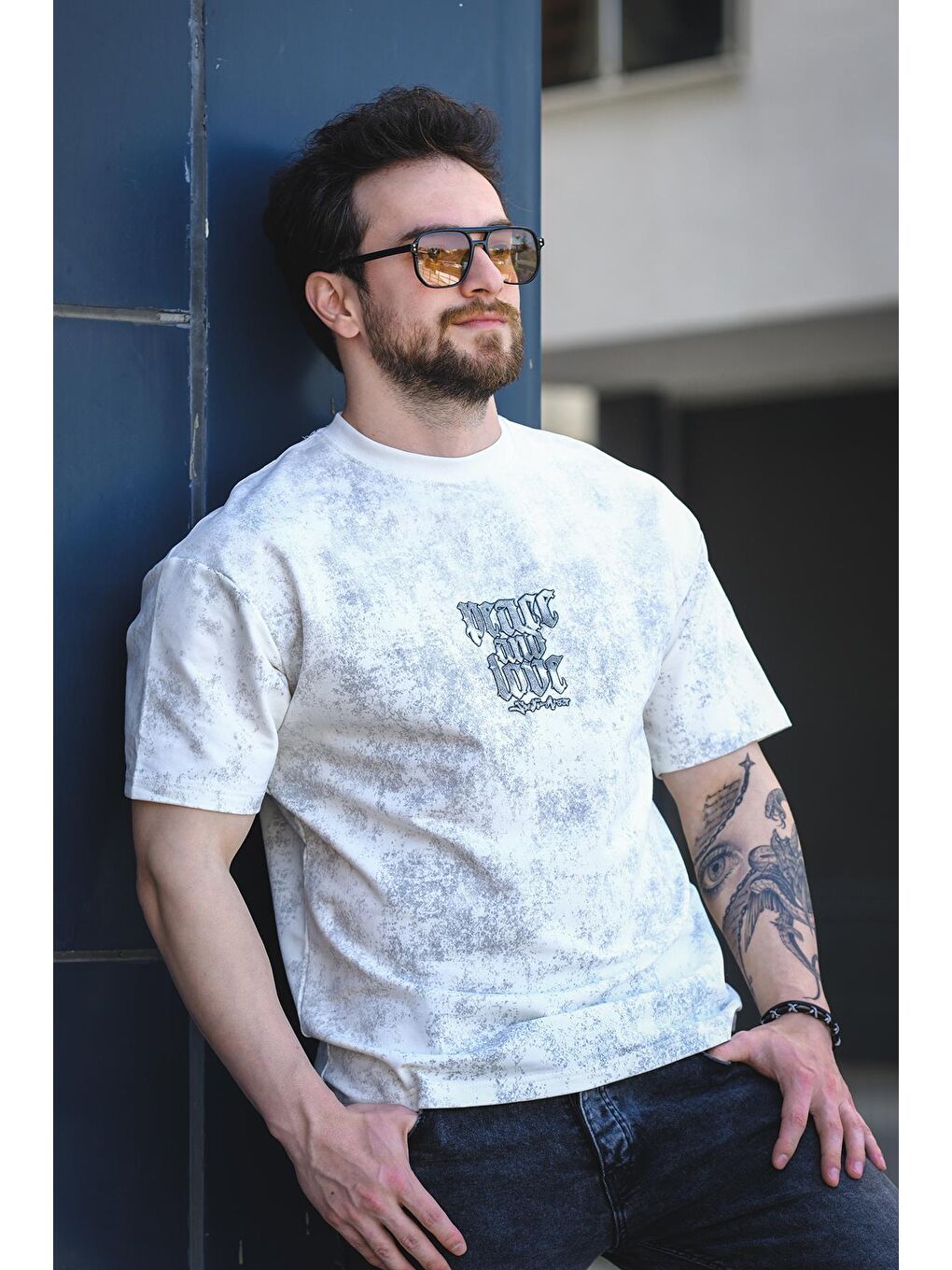 Bej Peace And Love Yıkamalı Sırt ve Ön Baskılı Pamuklu Comfort Erkek Tshirt