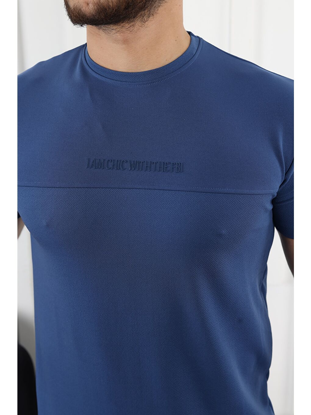 İndigo Şerit Detaylı Baskılı Tişört-1