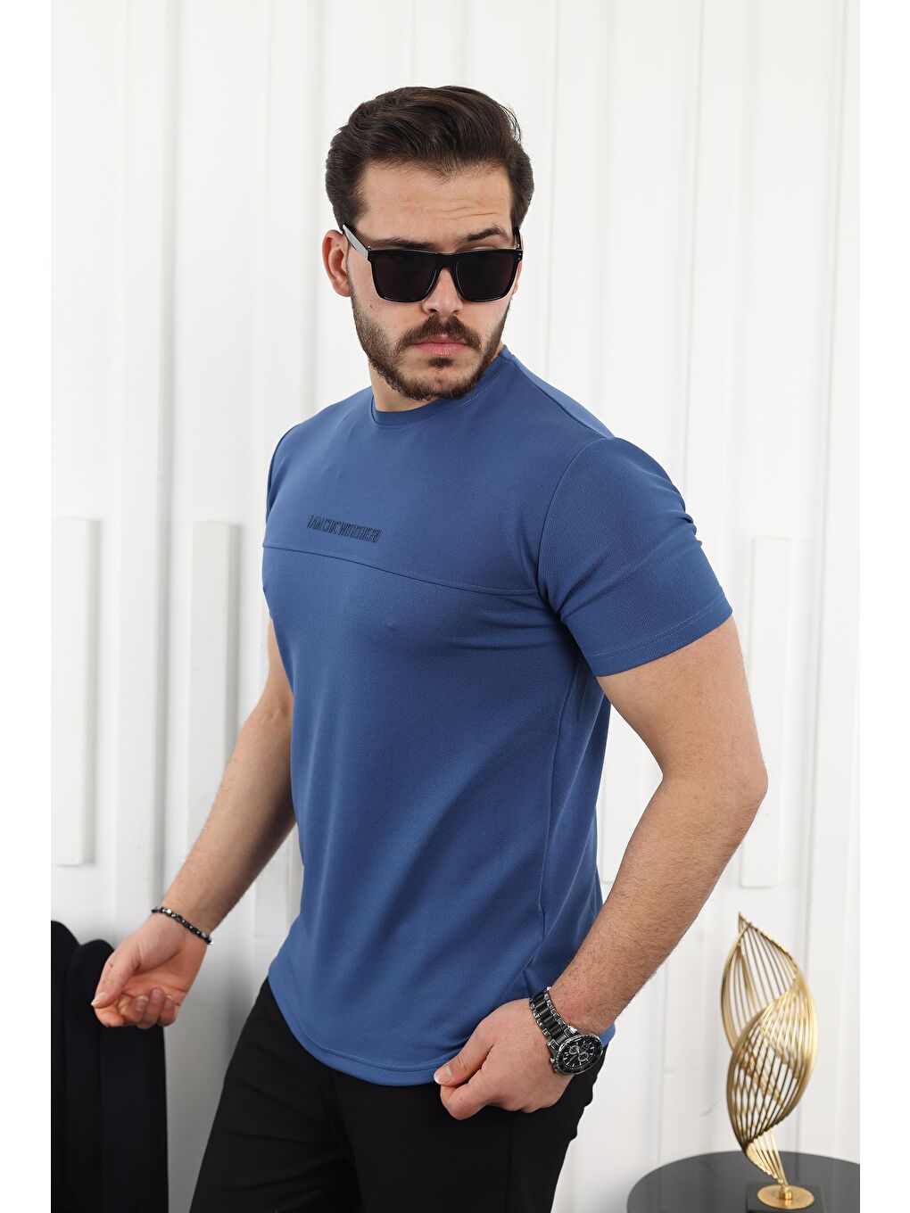 İndigo Şerit Detaylı Baskılı Tişört-2