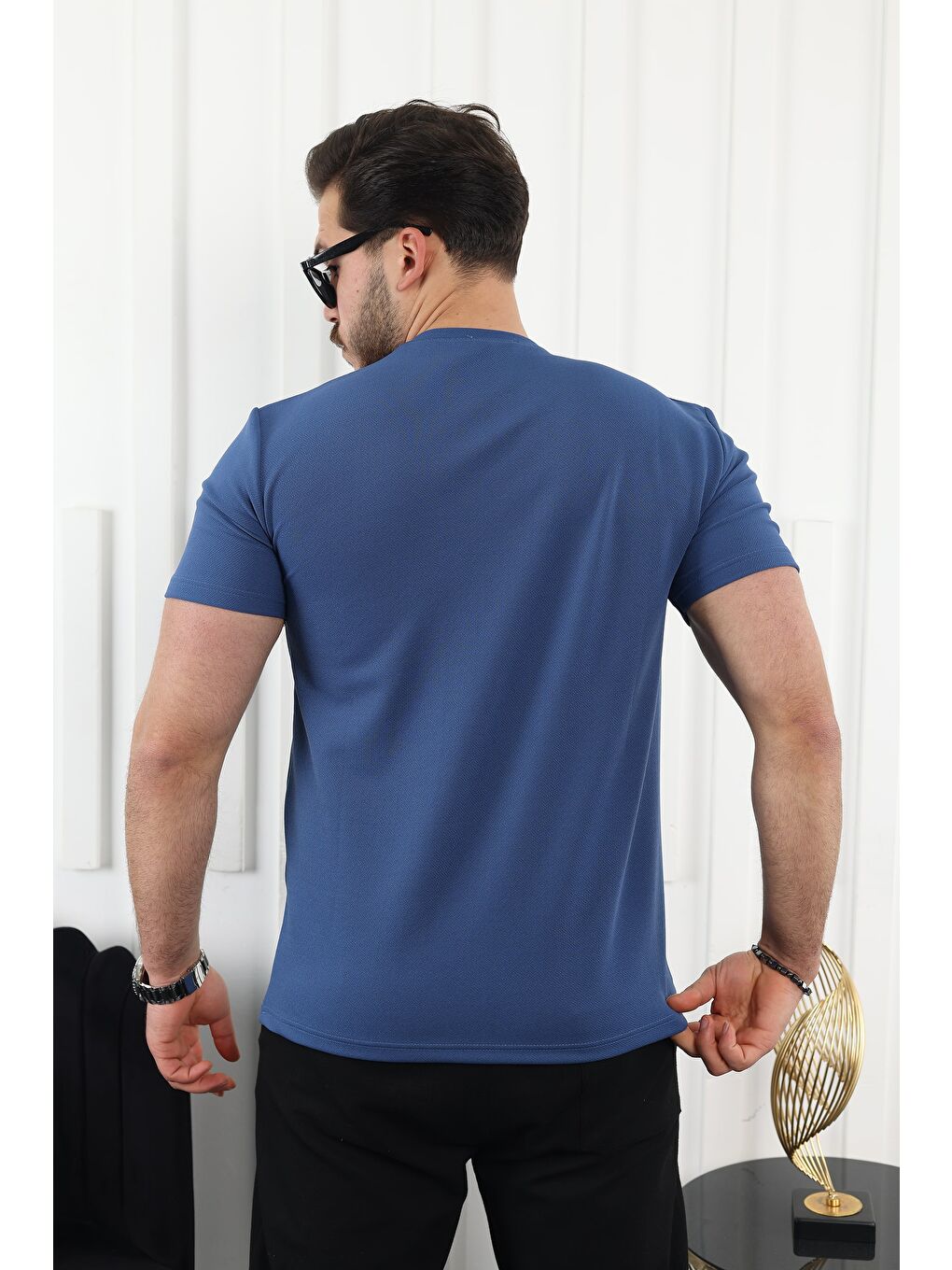 İndigo Şerit Detaylı Baskılı Tişört-3