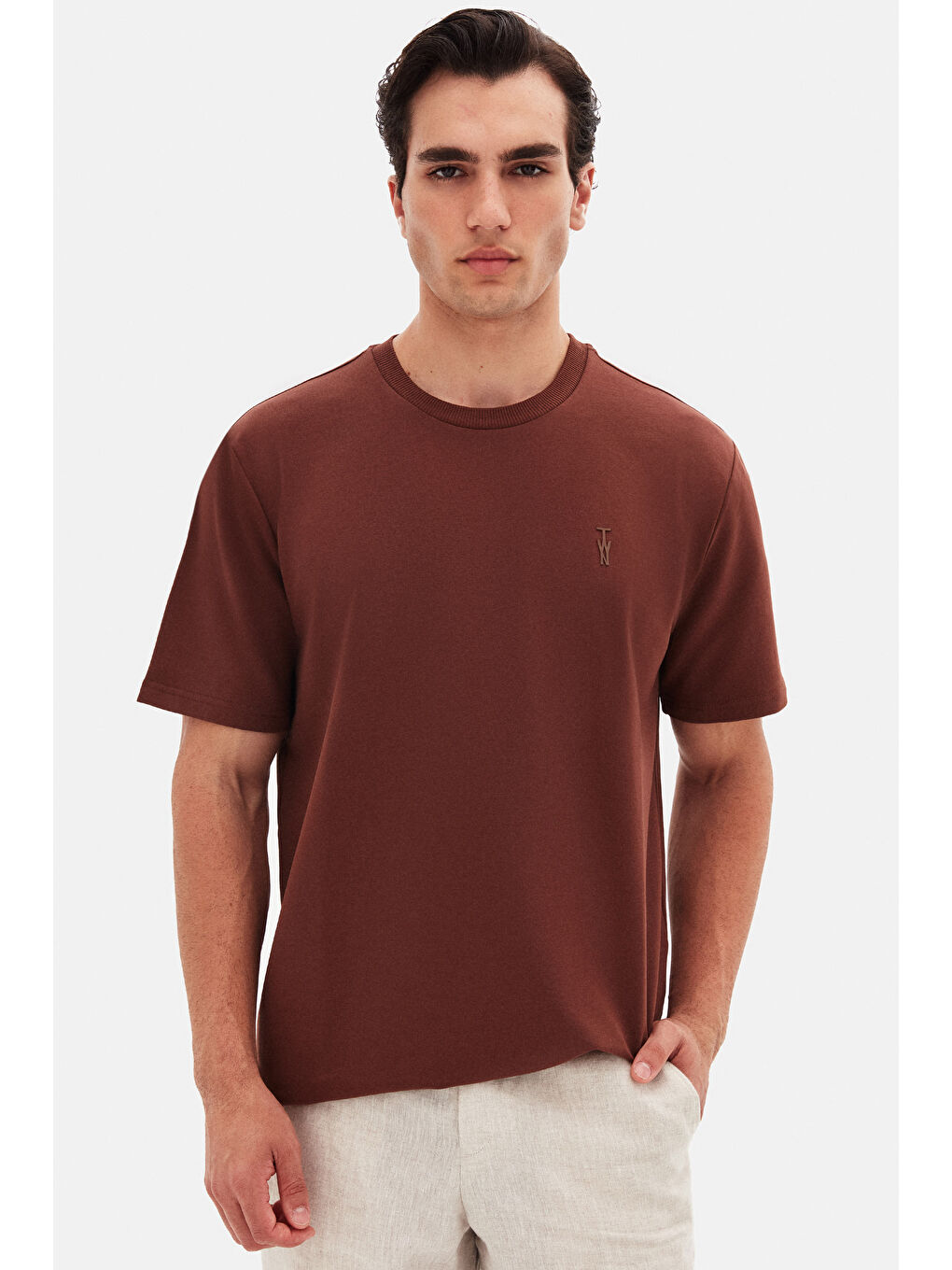 Twn Slim Fit Kahverengi Düz T-Shirt-1