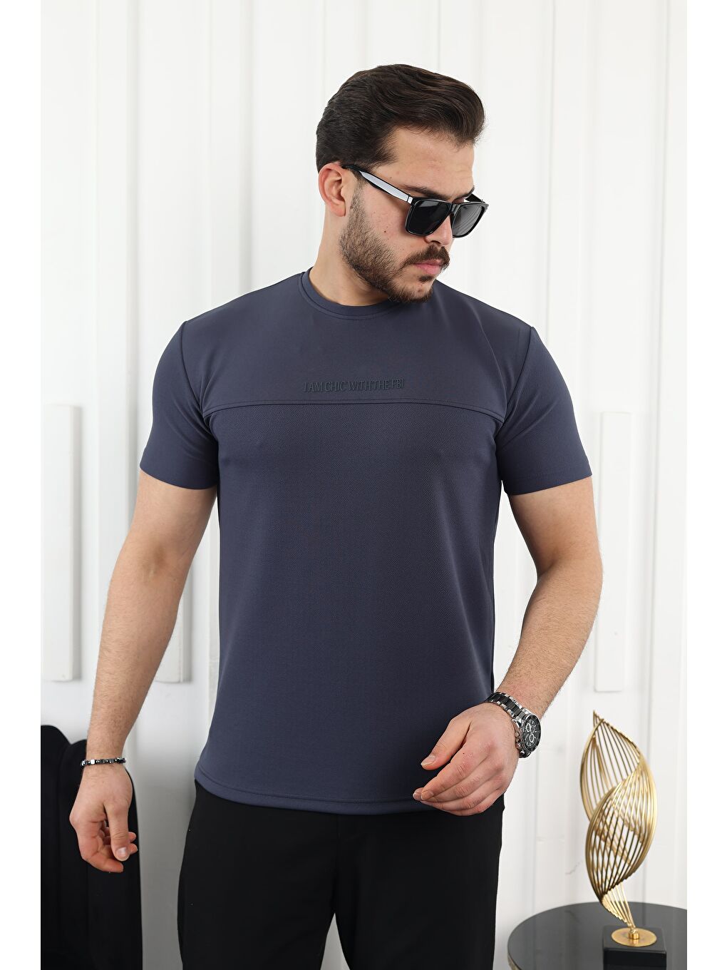 Antrasit Şerit Detaylı Baskılı Tişört-2