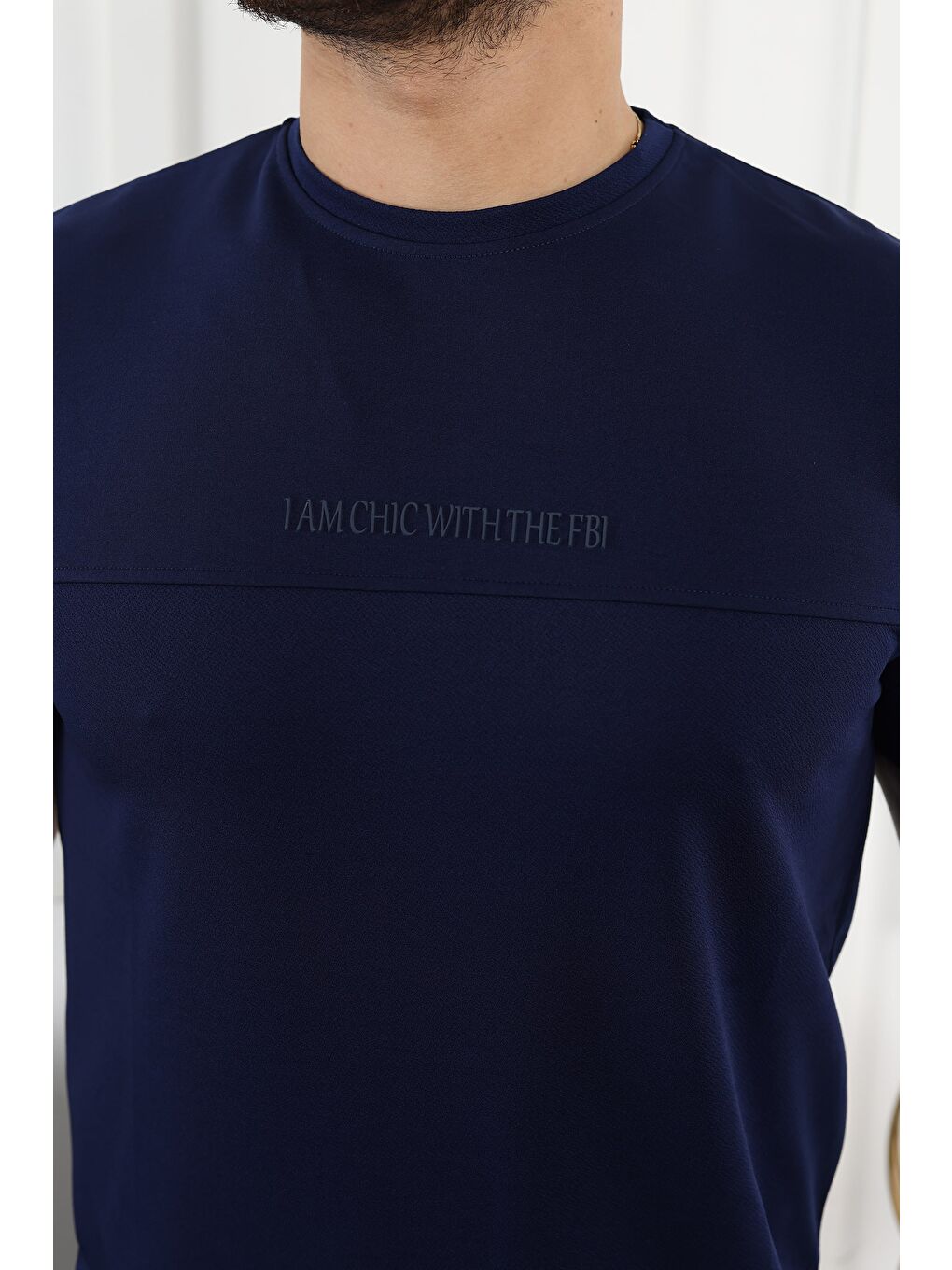 Lacivert Şerit Detaylı Baskılı Tişört-1
