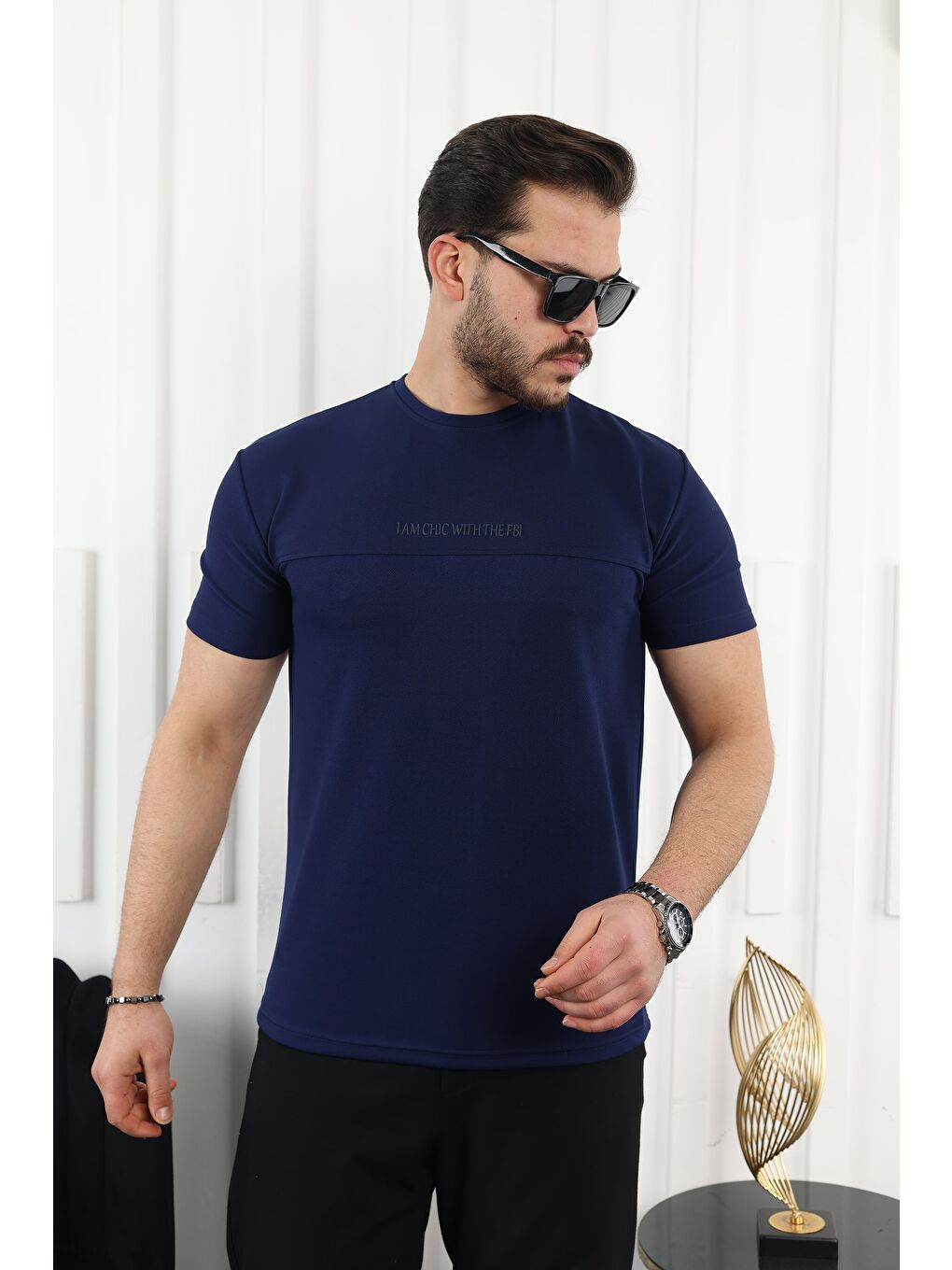 Lacivert Şerit Detaylı Baskılı Tişört-2