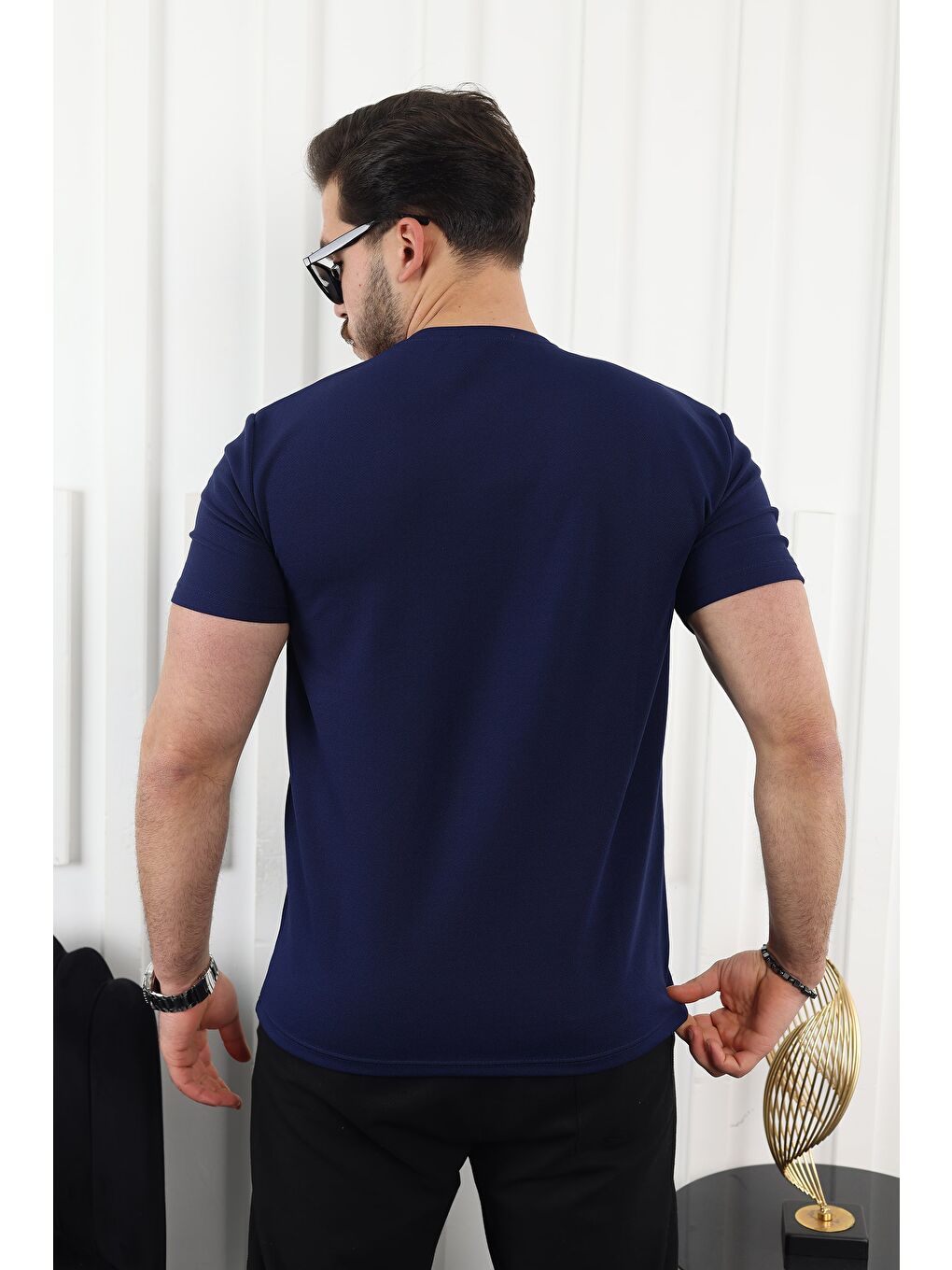 Lacivert Şerit Detaylı Baskılı Tişört-3