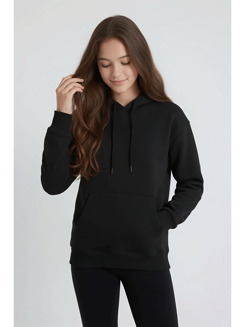 Siyah Kız Çocuk Kanguru Cepli Şardonlu Kapüşonlu Sweatshirt 24687-1