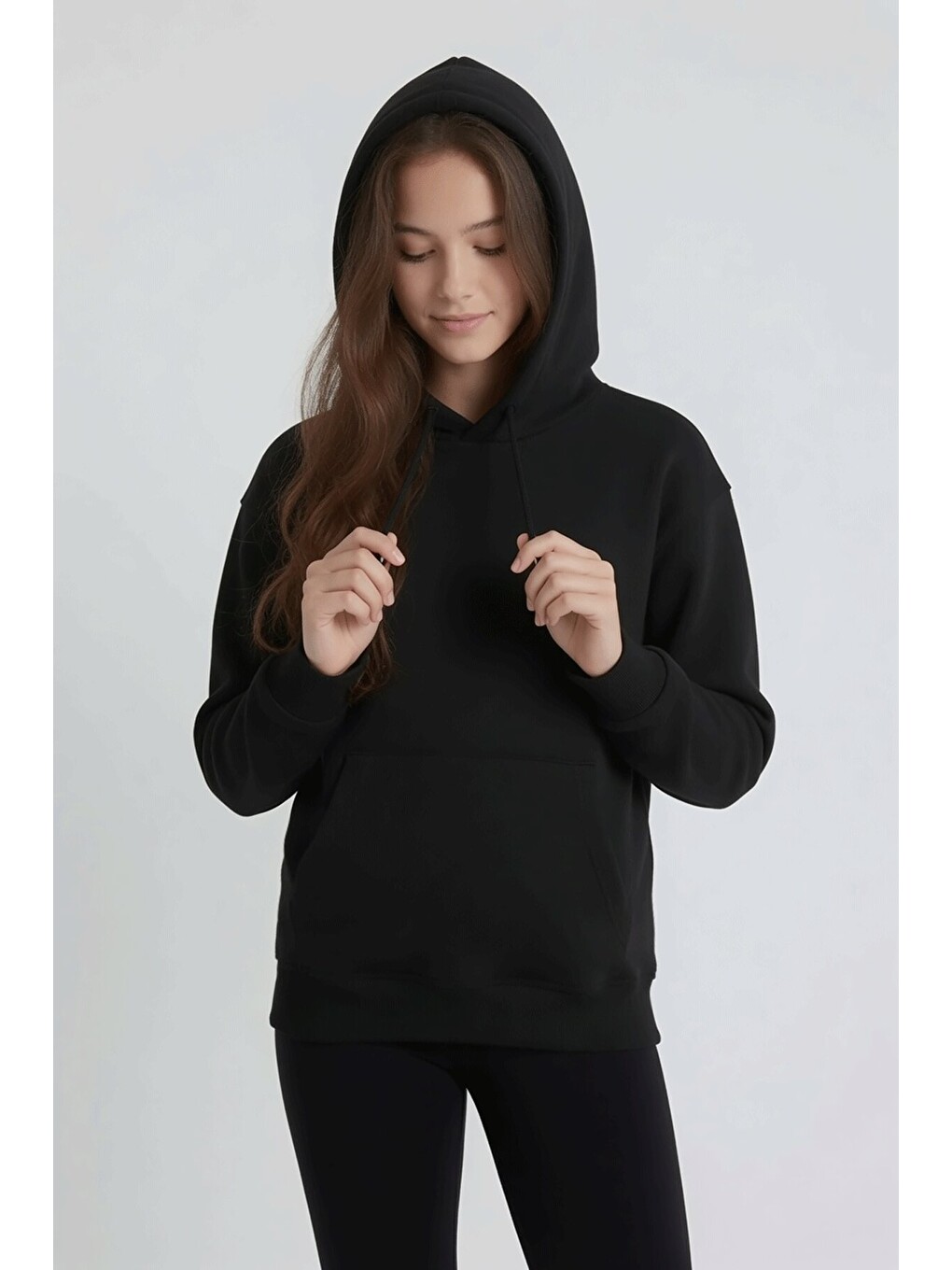 Siyah Kız Çocuk Kanguru Cepli Şardonlu Kapüşonlu Sweatshirt 24687-2