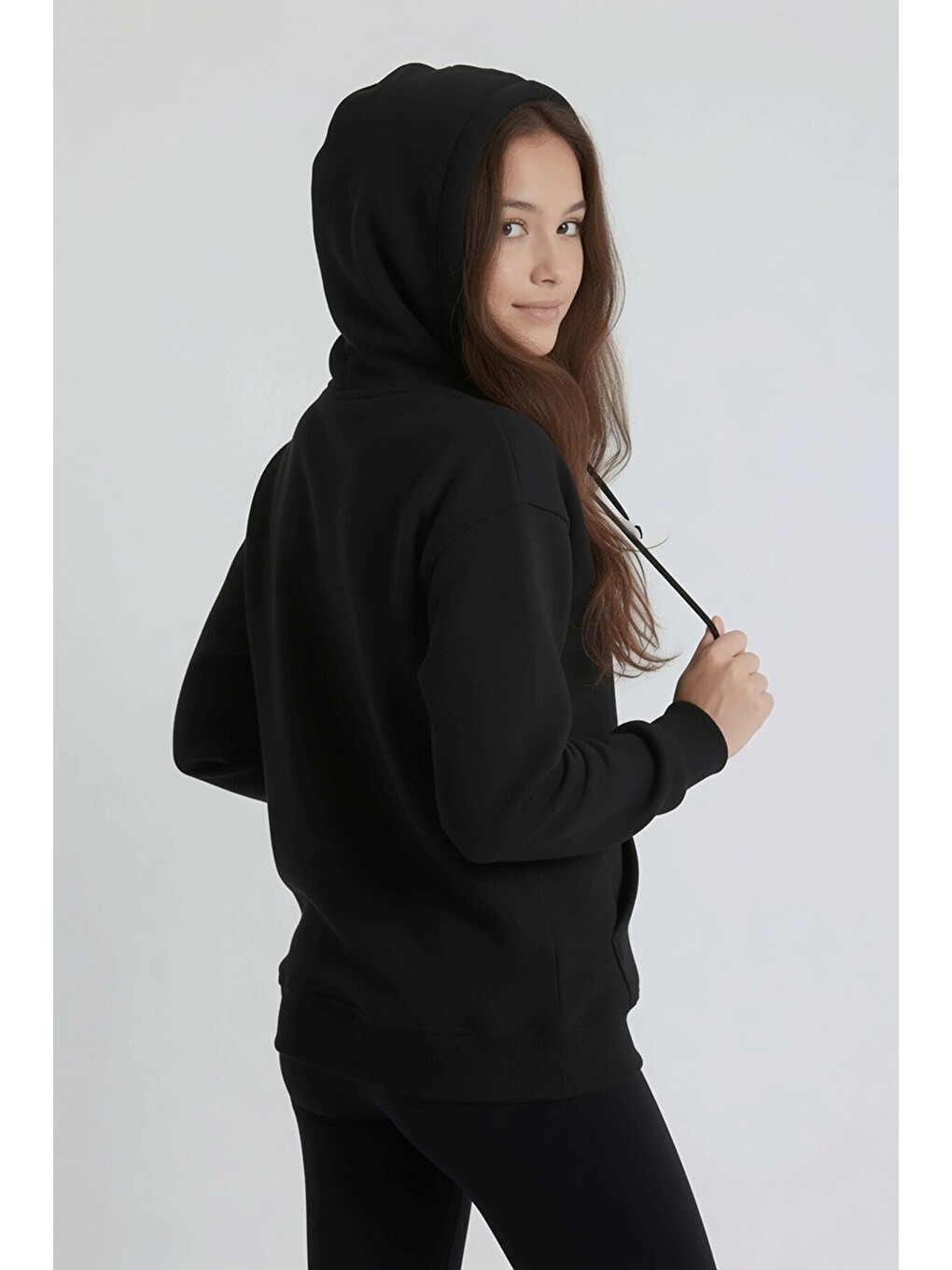 Siyah Kız Çocuk Kanguru Cepli Şardonlu Kapüşonlu Sweatshirt 24687-3