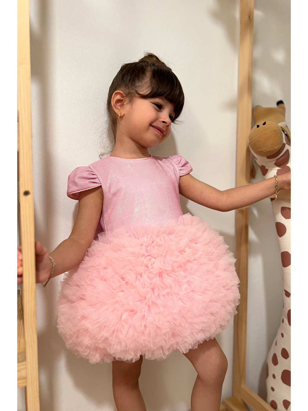 Pembe Tütülü Kısa Kollu Kız Bebek Elbise