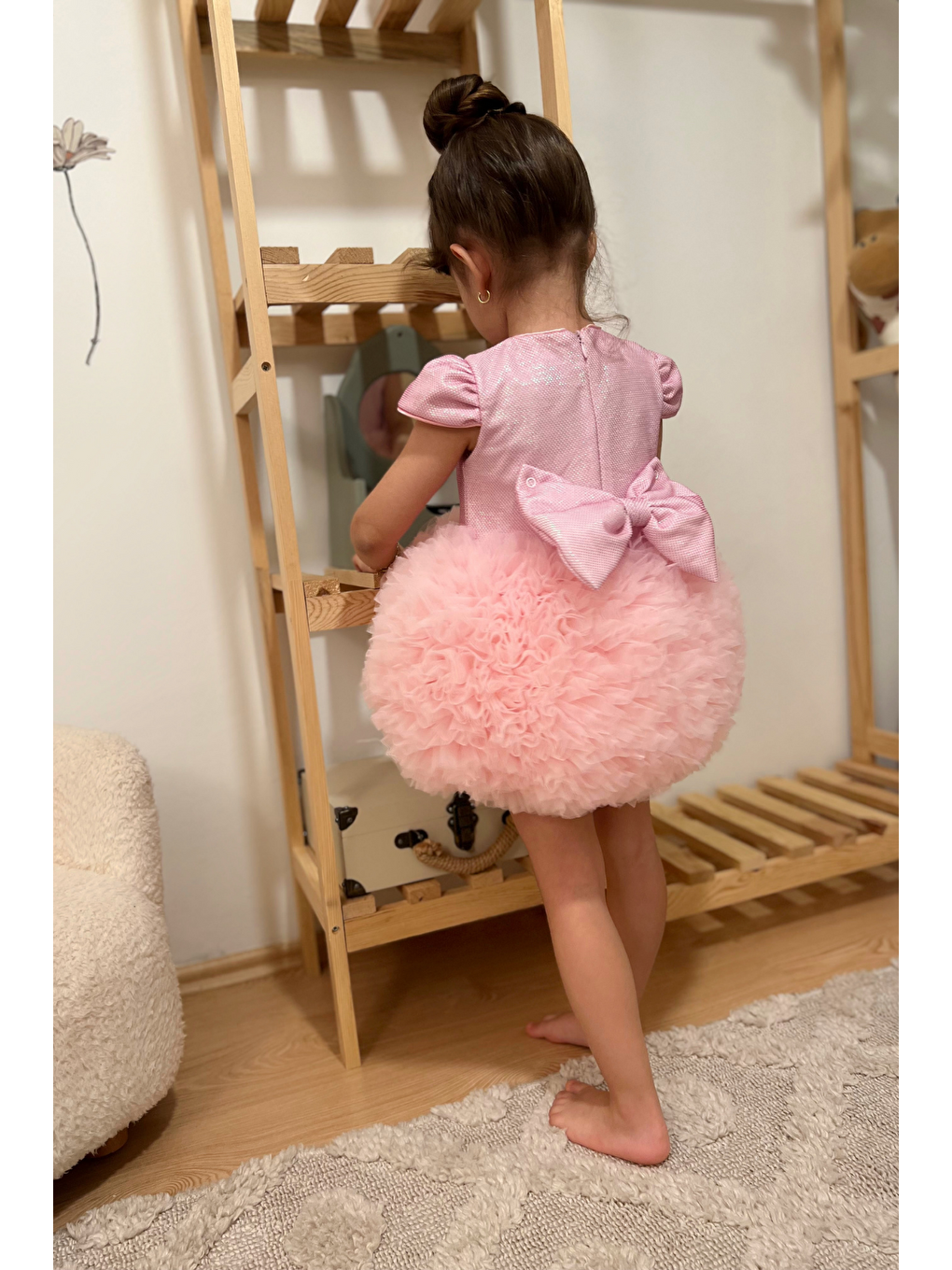 Pembe Tütülü Kısa Kollu Kız Bebek Elbise-1