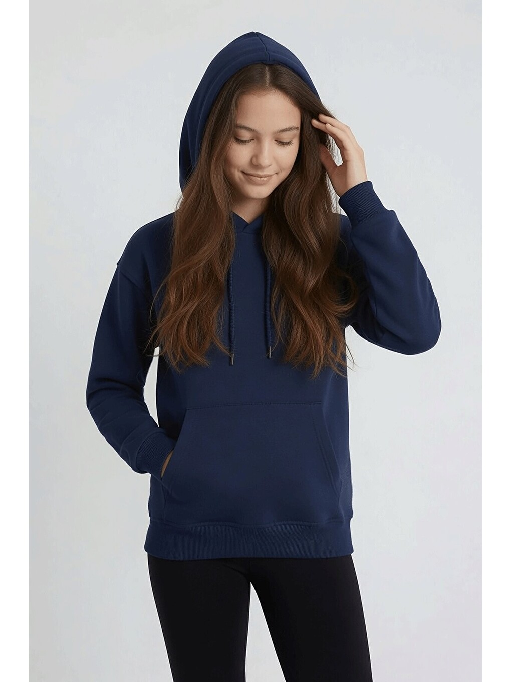 Lacivert Kız Çocuk Kanguru Cepli Şardonlu Kapüşonlu Sweatshirt 24689-1