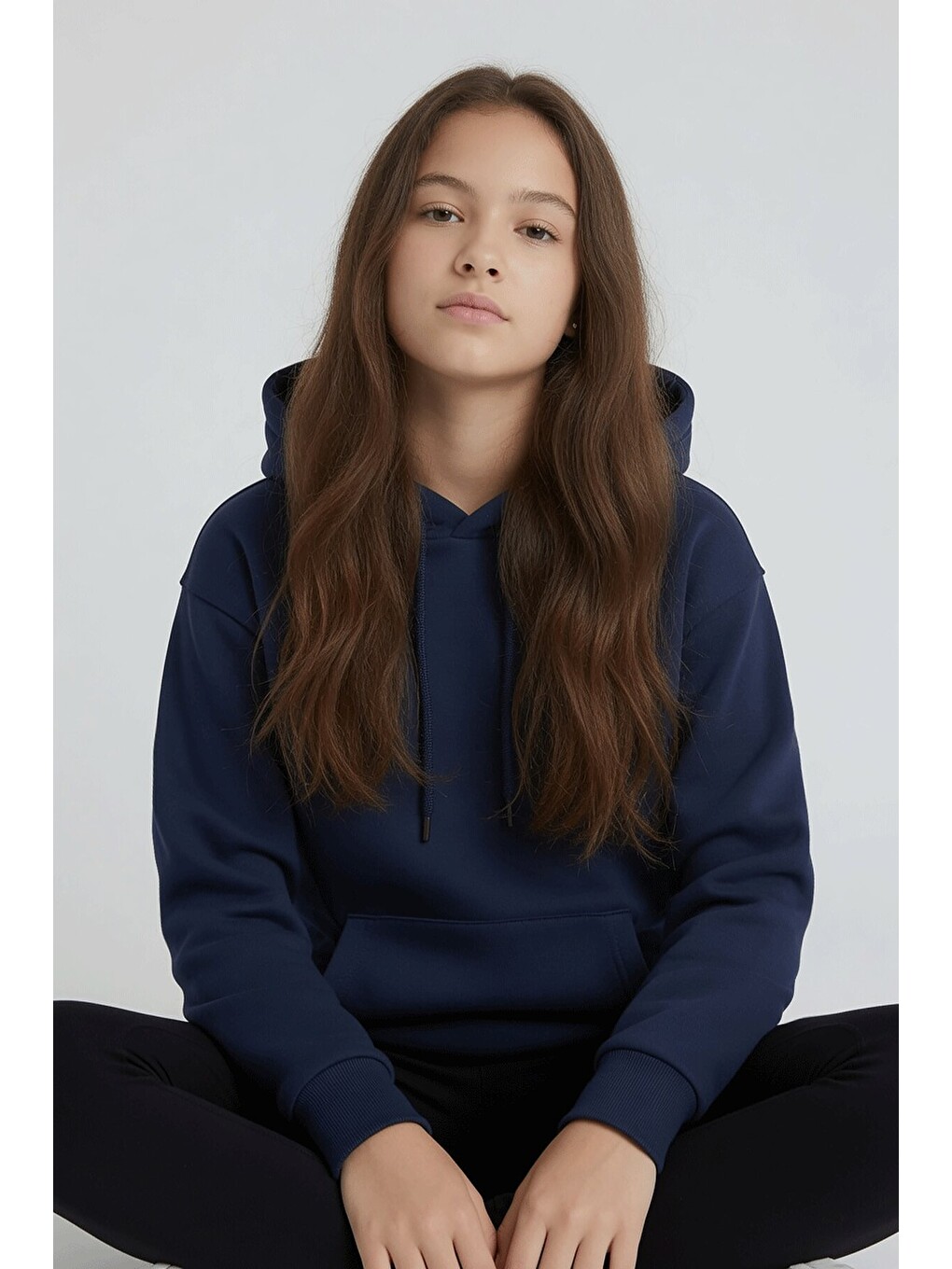 Lacivert Kız Çocuk Kanguru Cepli Şardonlu Kapüşonlu Sweatshirt 24689-2
