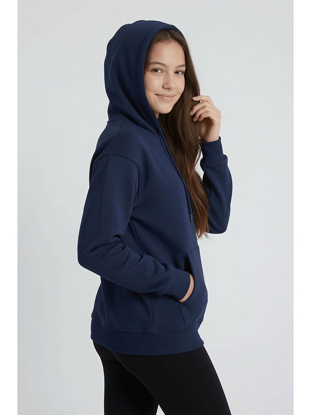 Lacivert Kız Çocuk Kanguru Cepli Şardonlu Kapüşonlu Sweatshirt 24689-3