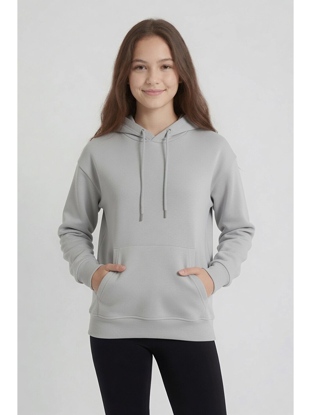 Gri Kız Çocuk Kanguru Cepli Şardonlu Kapüşonlu Sweatshirt 24692-1