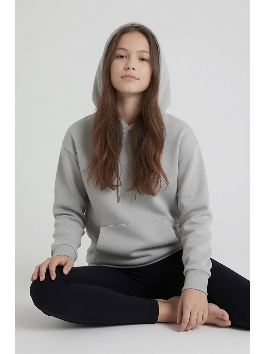 Gri Kız Çocuk Kanguru Cepli Şardonlu Kapüşonlu Sweatshirt 24692-2