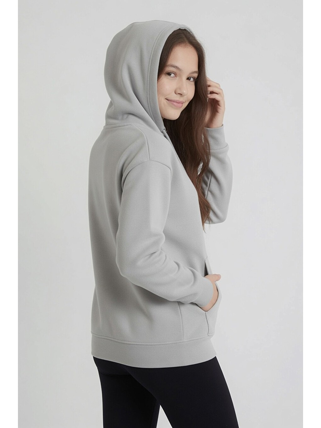 Gri Kız Çocuk Kanguru Cepli Şardonlu Kapüşonlu Sweatshirt 24692-3