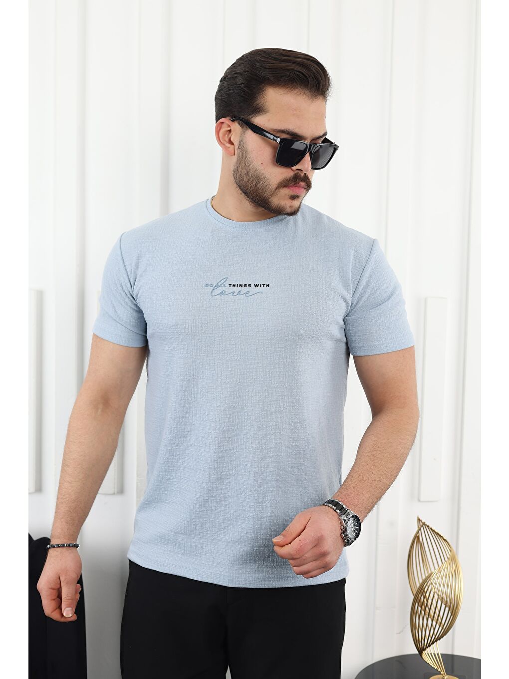 Mavi Kendinden Desenli Baskılı Tişört