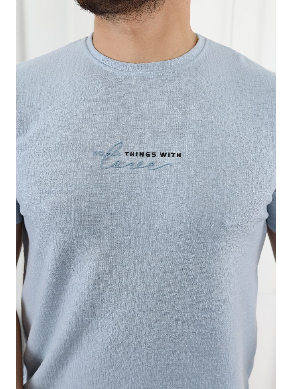 Mavi Kendinden Desenli Baskılı Tişört-1