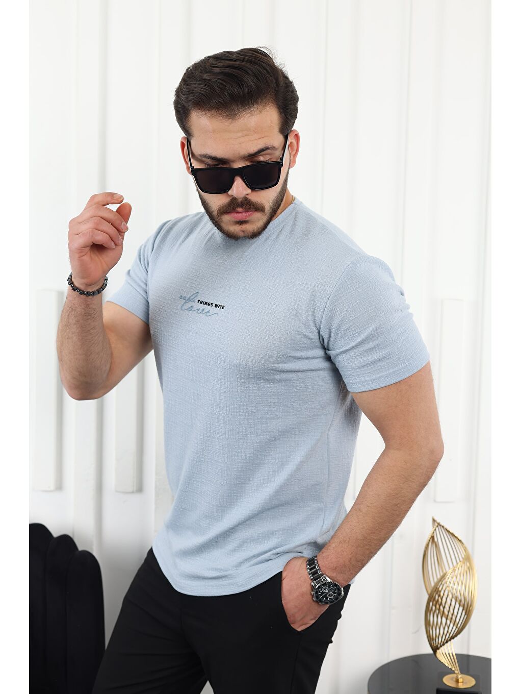 Mavi Kendinden Desenli Baskılı Tişört-2