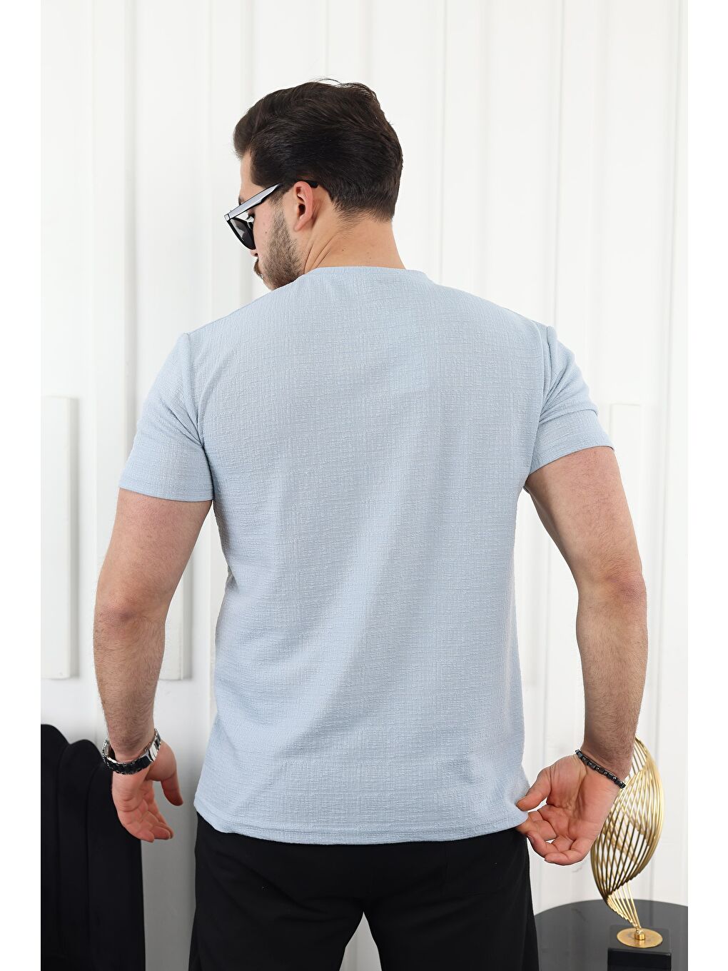 Mavi Kendinden Desenli Baskılı Tişört-3