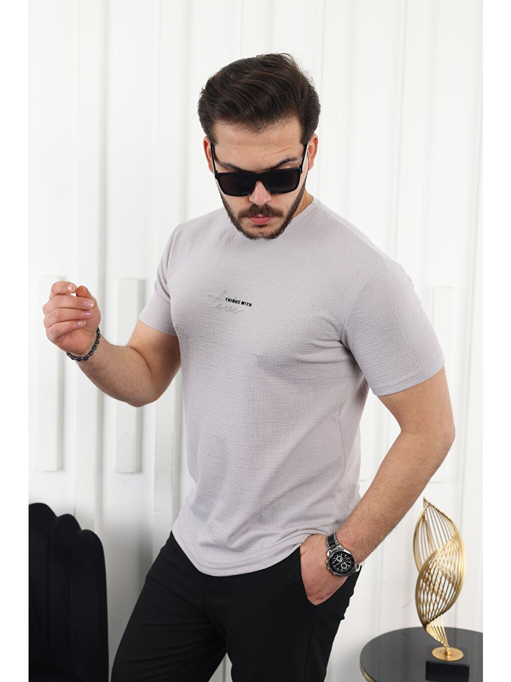 Gri Kendinden Desenli Baskılı Tişört-2