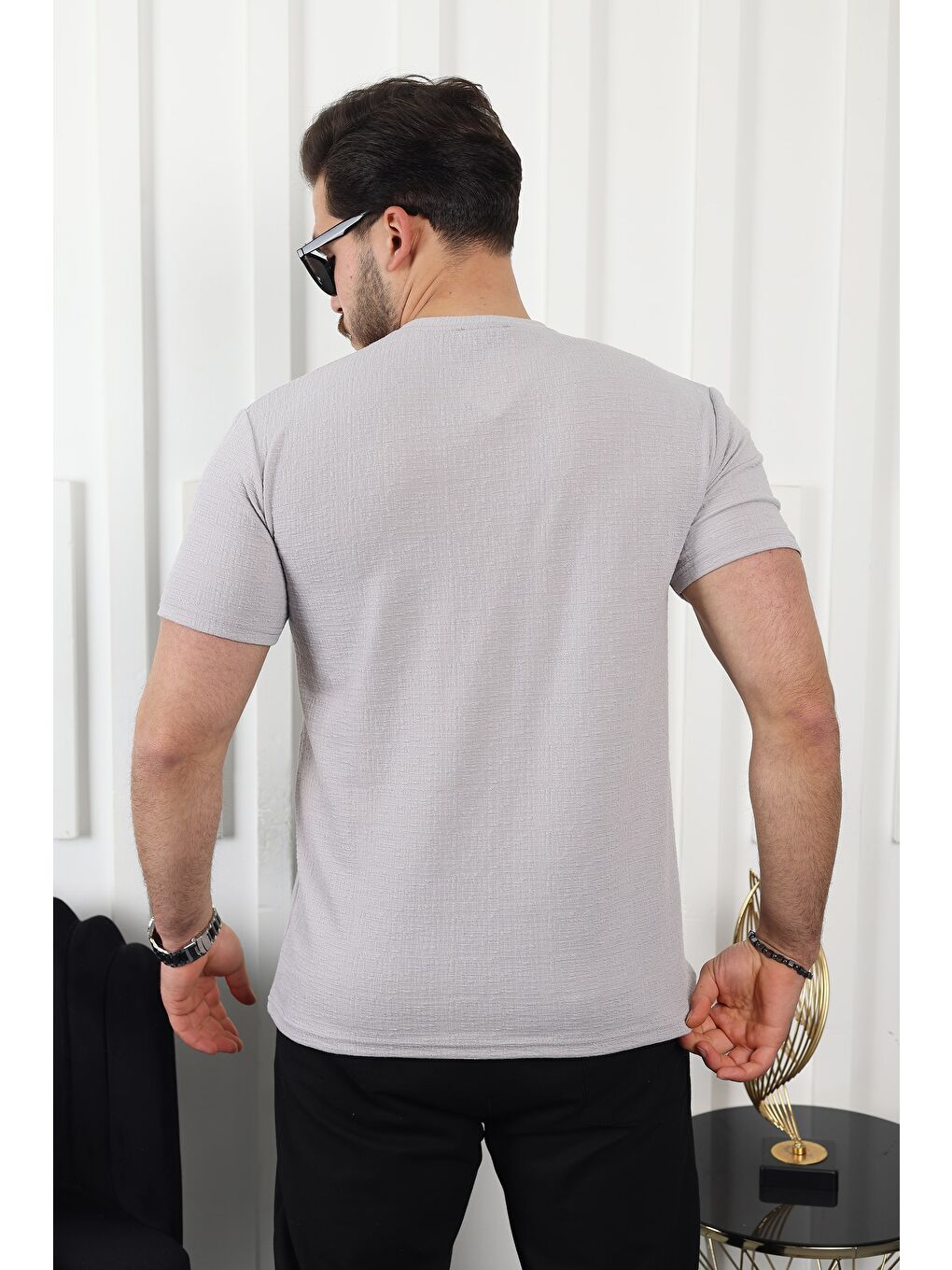 Gri Kendinden Desenli Baskılı Tişört-3