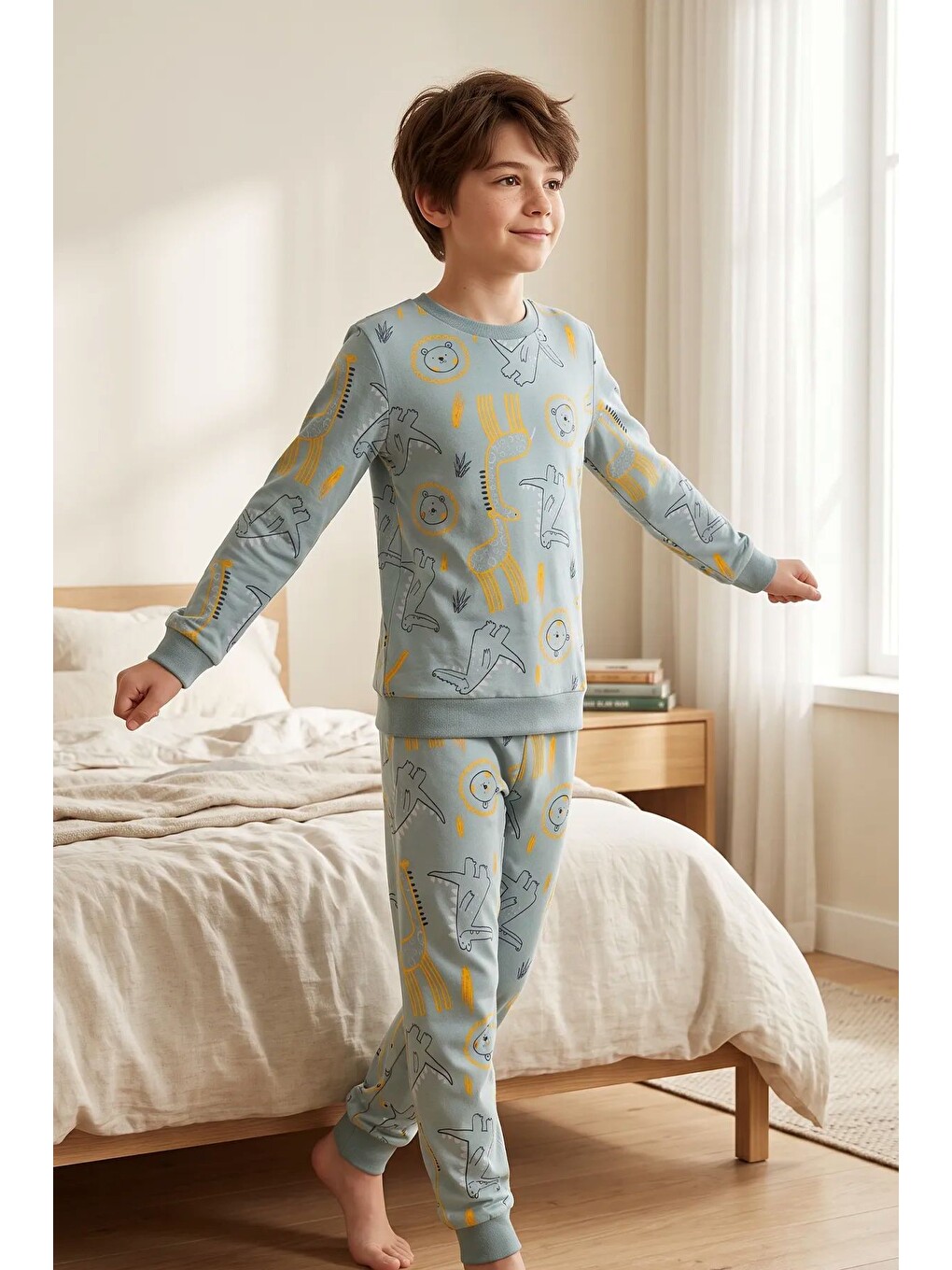 Yeşil Erkek Çocuk Dinozor Ve Safari Hayvanları Desenli Uzun Kollu Alt Üst Pijama Takımı-2