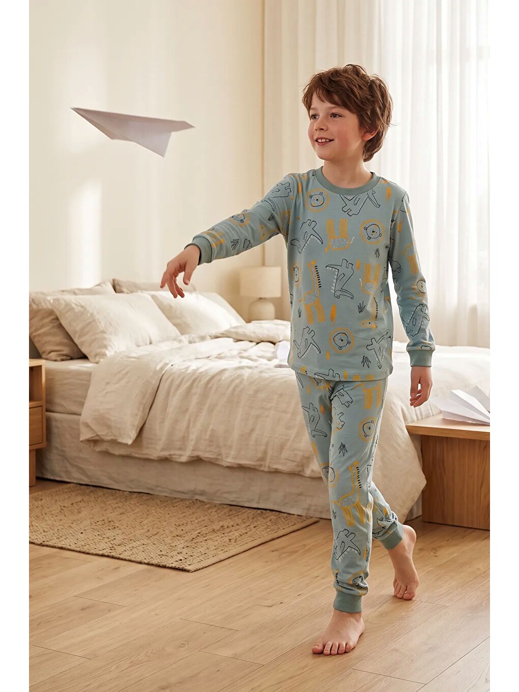 Yeşil Erkek Çocuk Dinozor Ve Safari Hayvanları Desenli Uzun Kollu Alt Üst Pijama Takımı-3