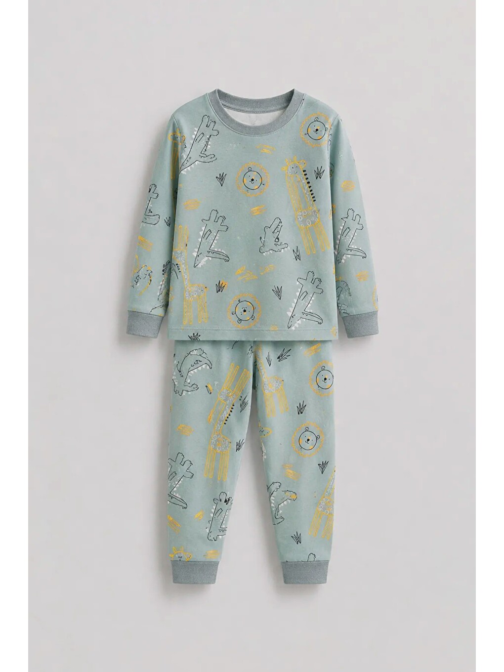 Yeşil Erkek Çocuk Dinozor Ve Safari Hayvanları Desenli Uzun Kollu Alt Üst Pijama Takımı-4