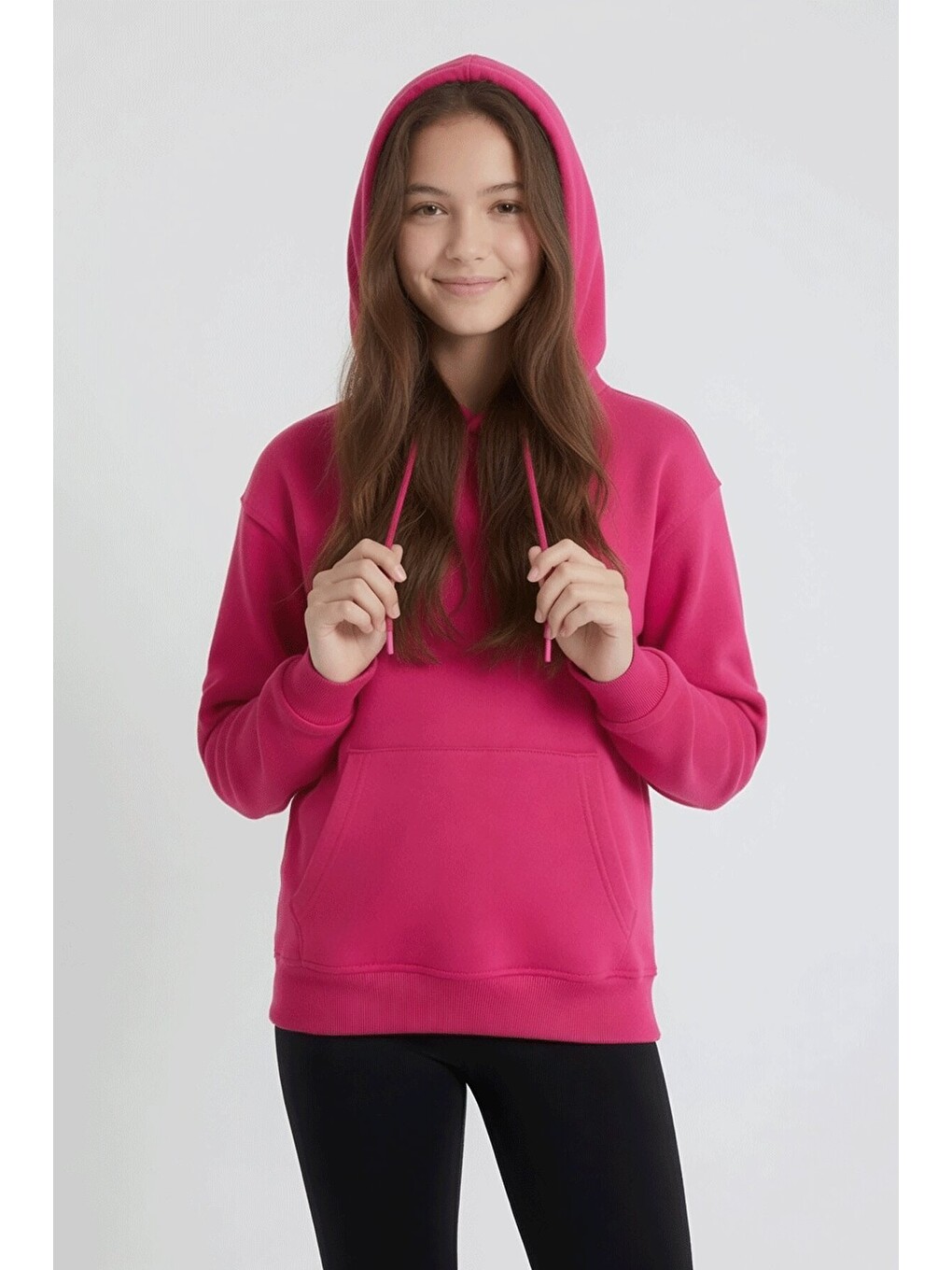 Fuşya Kız Çocuk Kanguru Cepli Şardonlu Kapüşonlu Sweatshirt 24691-1
