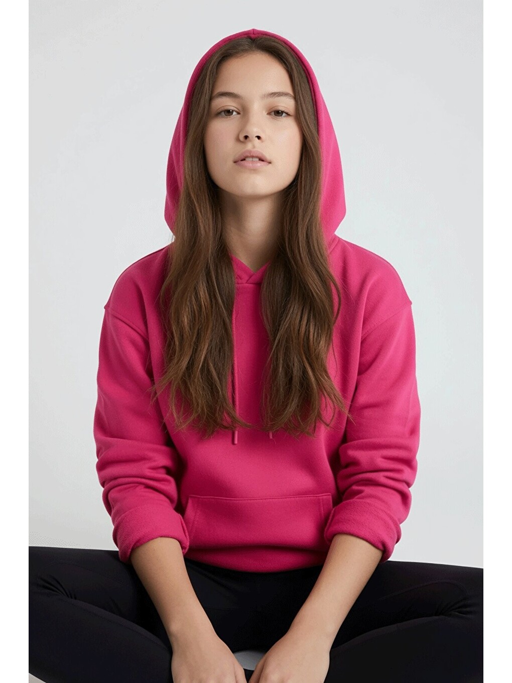 Fuşya Kız Çocuk Kanguru Cepli Şardonlu Kapüşonlu Sweatshirt 24691-2