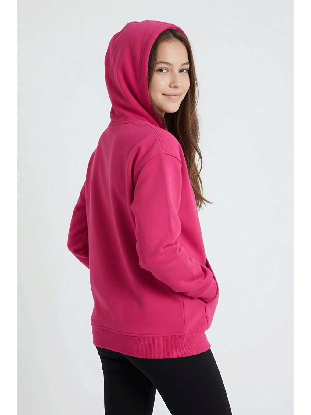 Fuşya Kız Çocuk Kanguru Cepli Şardonlu Kapüşonlu Sweatshirt 24691-3